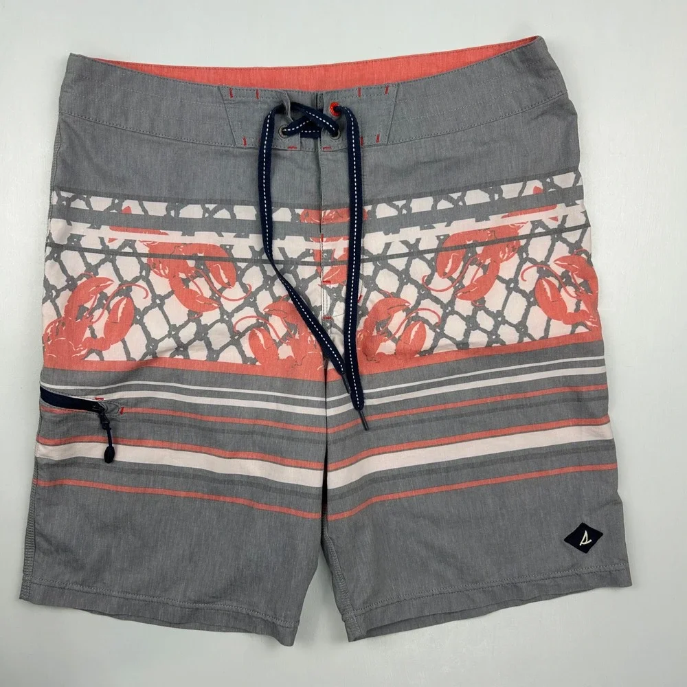 Sperry Mens Board Shorts Gray‎ Coral Lobster Net Stripe Swim Trunks Size 34